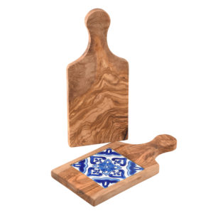 Olive Wood & Hanpainted Ceramic paddle board- Cancun Blue