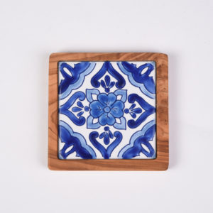 Olive Wood and Ceramic Coaster- San Diego Yellow