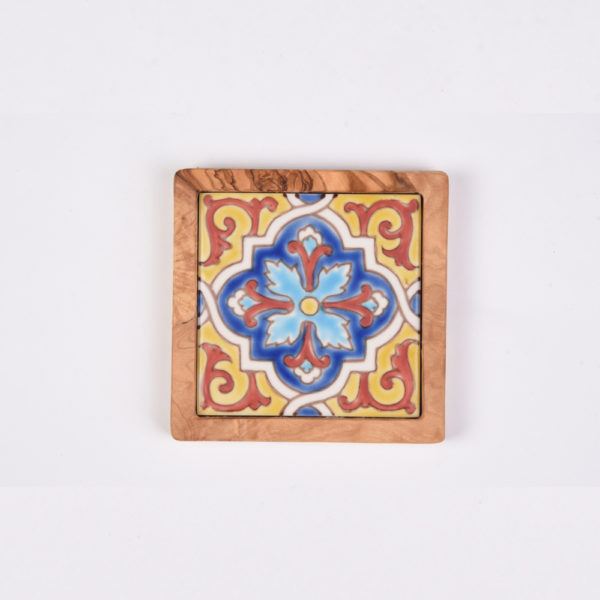 Olive Wood Handpainted Ceramic Coaster- Cancun Blue